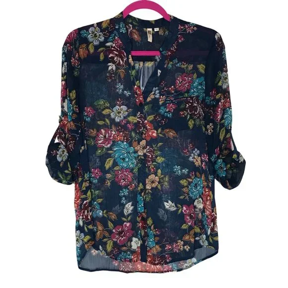 NEW Kut From The Kloth Sinclair Navy Blue Sheer Floral Blouse Size Small - Picture 5 of 12
